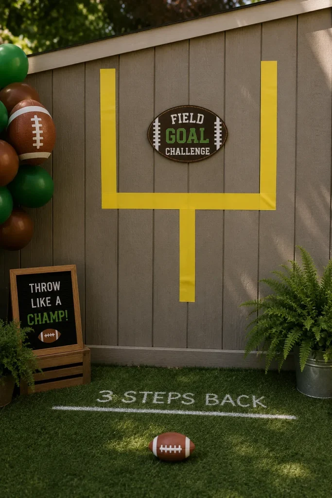 A taped goal post shape on a wall or fence with a mini football and a small chalk line marking three steps back.