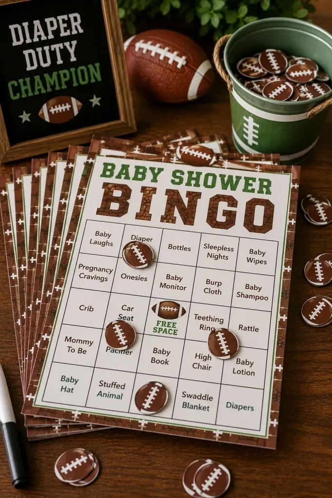 A stack of football-print bingo cards with small marker chips scattered on top.
