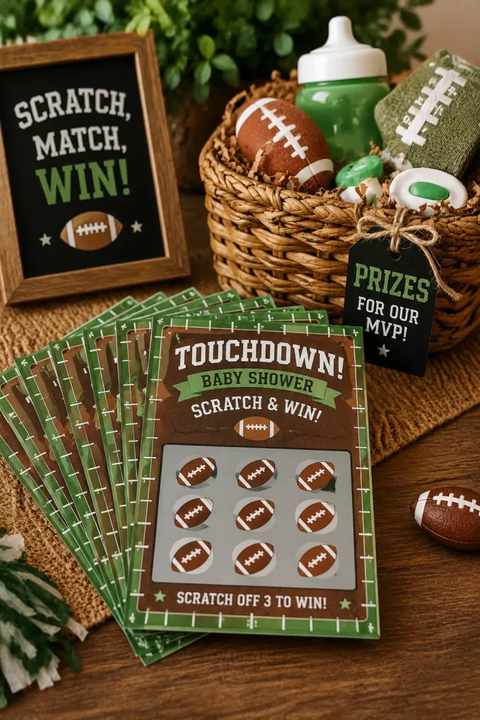 A stack of football-themed scratch-off game cards fanned out on a table beside a small prize basket.