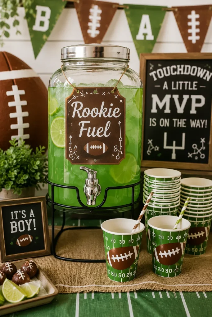 A drink dispenser labeled "Rookie Fuel" filled with a green mocktail, surrounded by football-print cups.