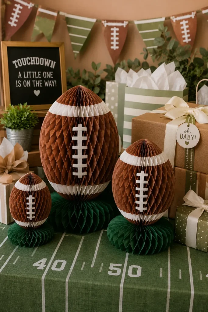 Layered brown and white honeycomb football decorations standing on a gift table beside wrapped presents.