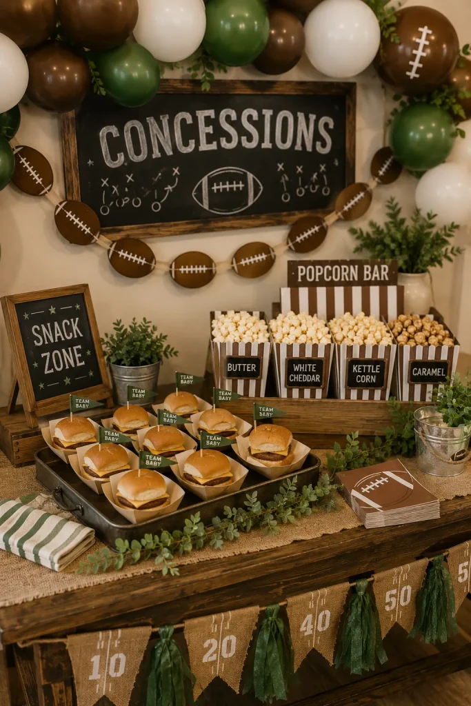 A buffet table with sliders in paper food boats, a striped popcorn bar, and small chalkboard signs reading "Concessions" and "Snack Zone."