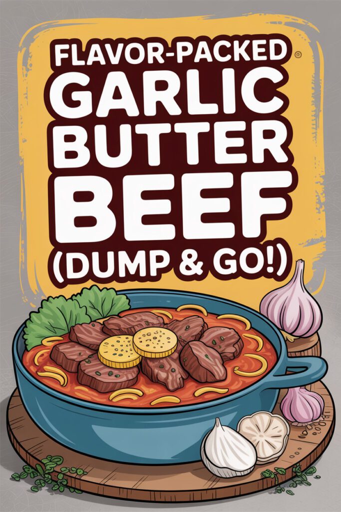 A stylized illustrated graphic of a bowl of garlic butter beef in a blue pot, with beef chunks, noodles, and butter coins in a rich red sauce. Fresh garlic bulbs and herbs sit beside the bowl, and bold text above reads “Flavor-Packed Garlic Butter Beef (Dump & Go!).”