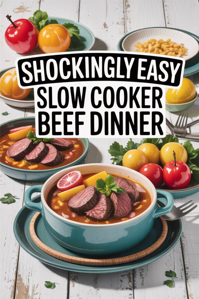 A teal ceramic bowl filled with slow cooker beef dinner, featuring sliced beef, yellow vegetables, and broth, garnished with herbs. Surrounding plates hold tomatoes and corn, all arranged on a white wooden table. Bold text at the top reads “Shockingly Easy Slow Cooker Beef Dinner.”
