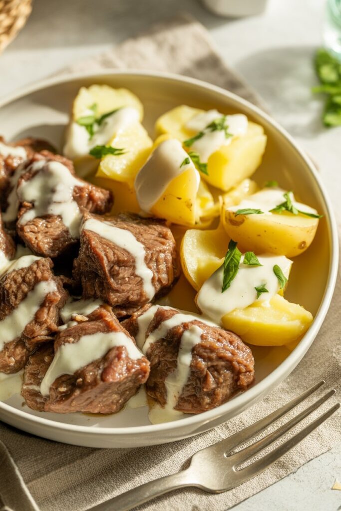 A shallow white bowl filled with garlic butter beef bites and baby potatoes, drizzled with extra sauce and topped with fresh parsley, set on a linen napkin with a fork beside it under warm natural daylight.