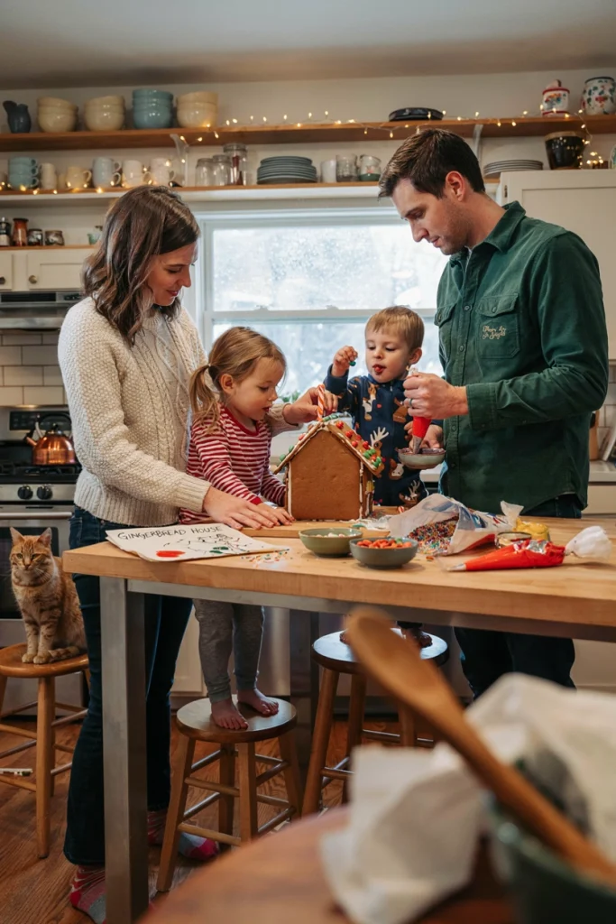 Family decorating a gingerbread house together