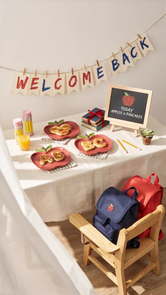 A breakfast table styled like a classroom with apple plates, pencil-print cups, a "Welcome Back" banner, and pancakes shaped like letters
