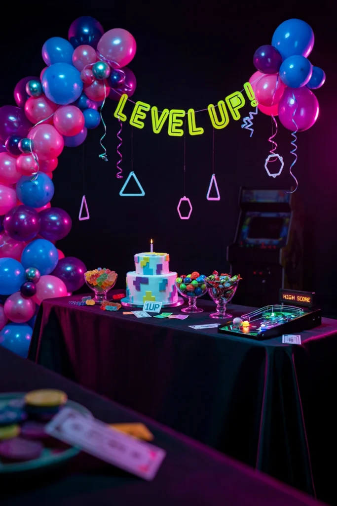 A blacklight-lit room glowing with neon strips for a retro arcade birthday party