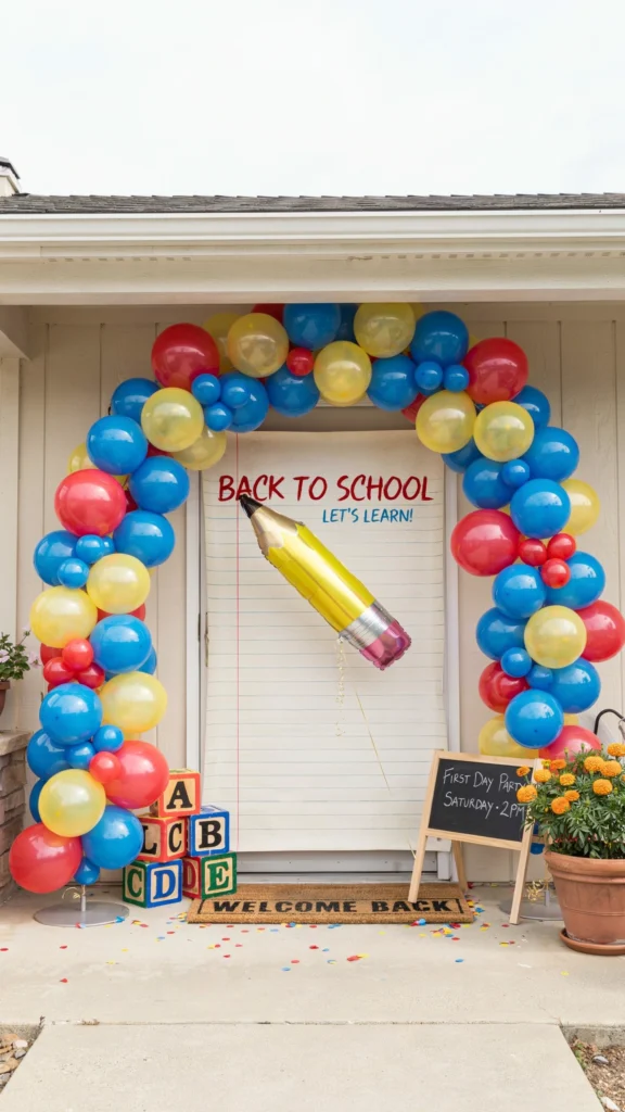 A red, yellow, and blue balloon arch framing a doorway, with a notebook-paper backdrop and ABC letter boxes stacked beneath it