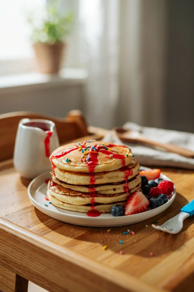 Baby's high chair tray set with a small pancake stack topped with a single lit birthday candle