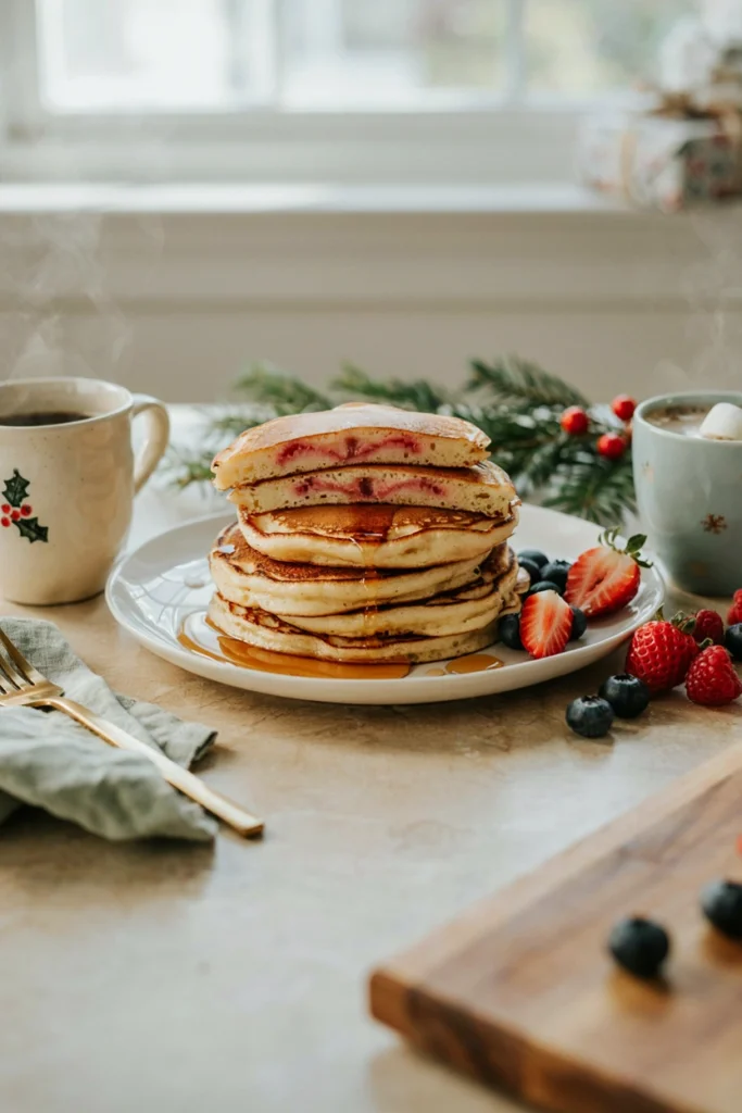 Stack of pancakes cut open revealing pink batter layered in the middle
