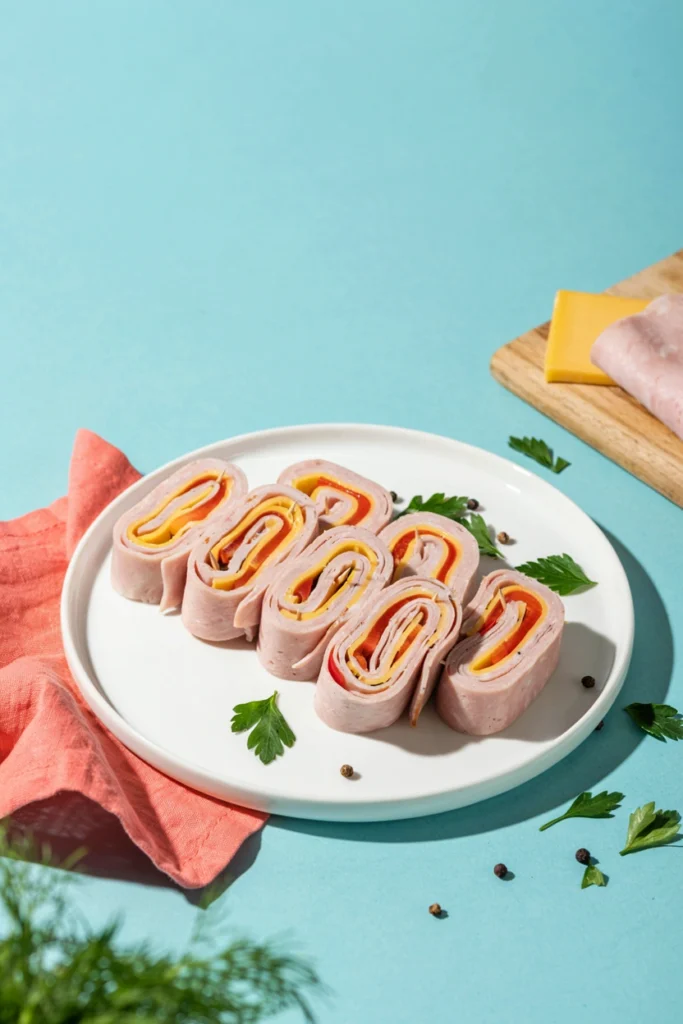 Turkey and cheese pinwheel roll-ups sliced and fanned out on a plate, secured with toothpicks