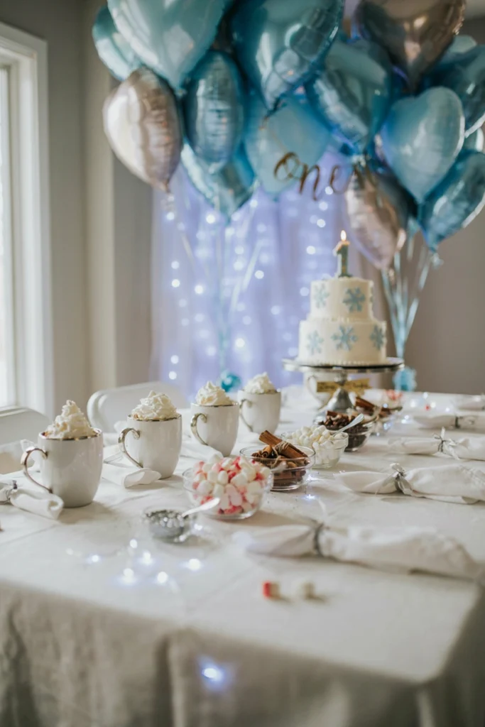 Styled hot cocoa station with marshmallows and cinnamon sticks