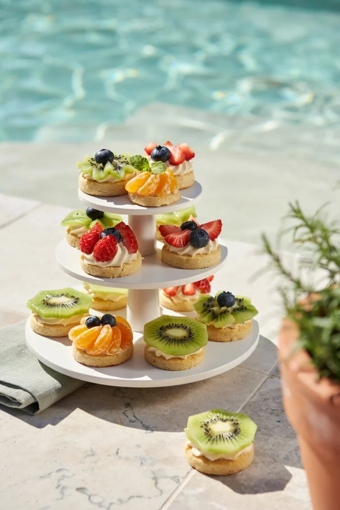 Mini fruit pizzas topped with cream cheese frosting and fruit arranged in a flower pattern