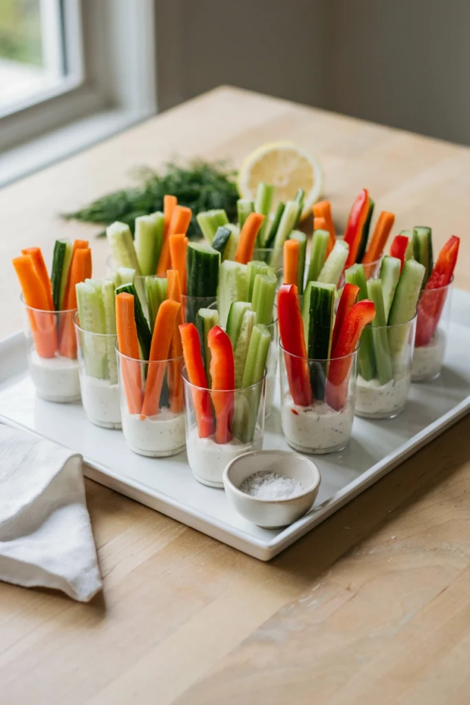 Individual cups layered with baby carrots, cucumber slices, and ranch dip at the bottom