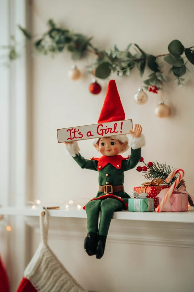 Elf on the Shelf doll holding a tiny handwritten sign reading It's a girl