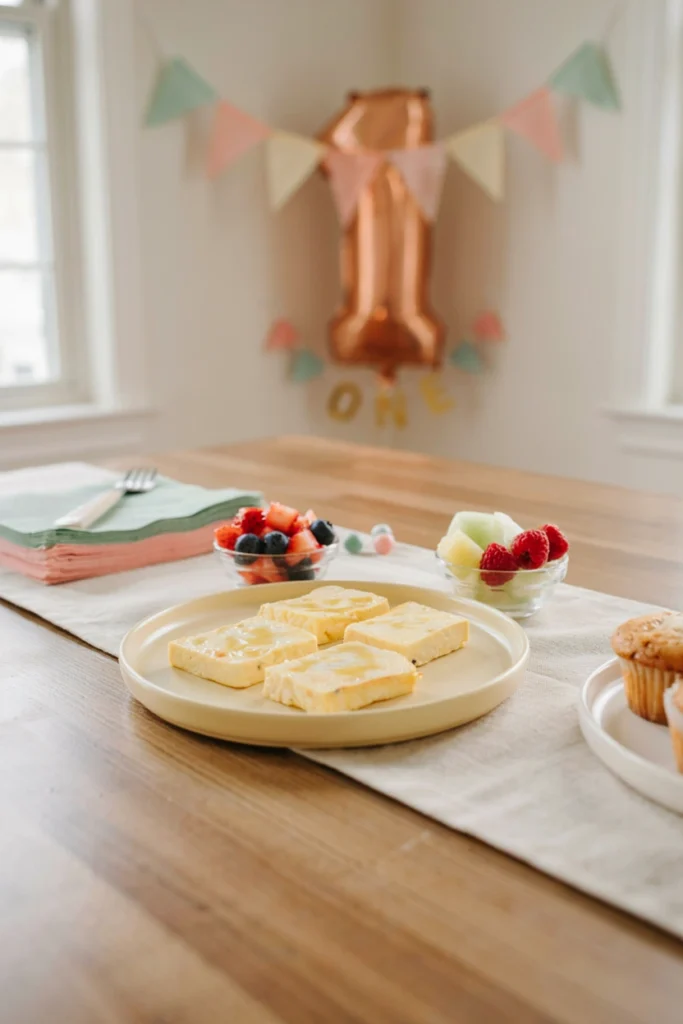 Soft scrambled egg bites cut into squares on a baby plate