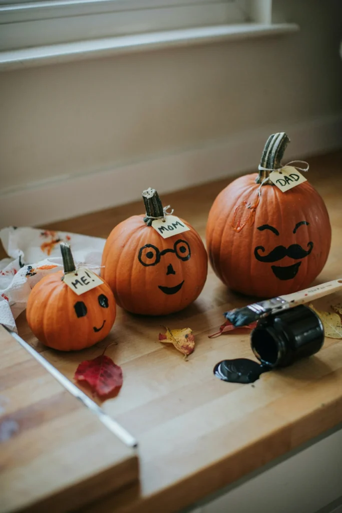 Three small pumpkins painted with cartoon faces resembling family members, arranged by size