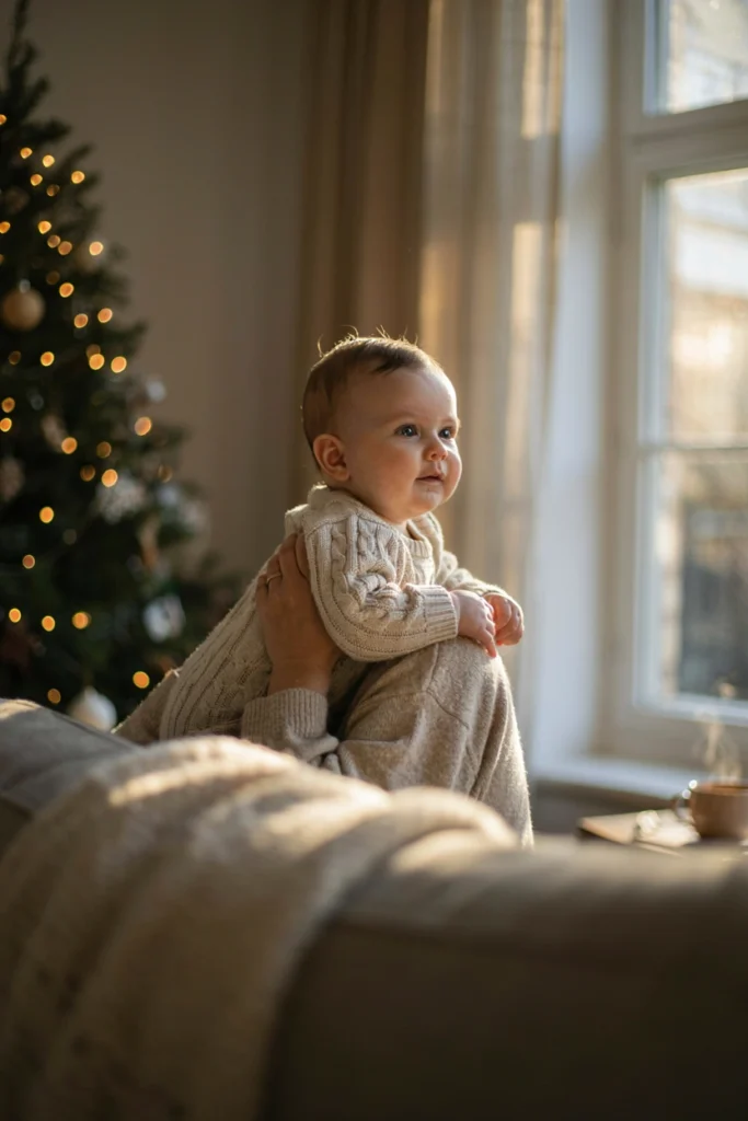 Baby in golden hour light near a sunlit window