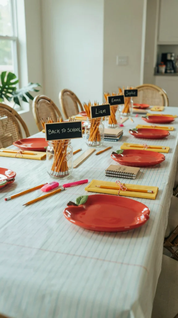 A long party table covered in a notebook-paper print tablecloth with red apple plates, pencil napkins, and a mason jar of sharpened pencils as the centerpiece