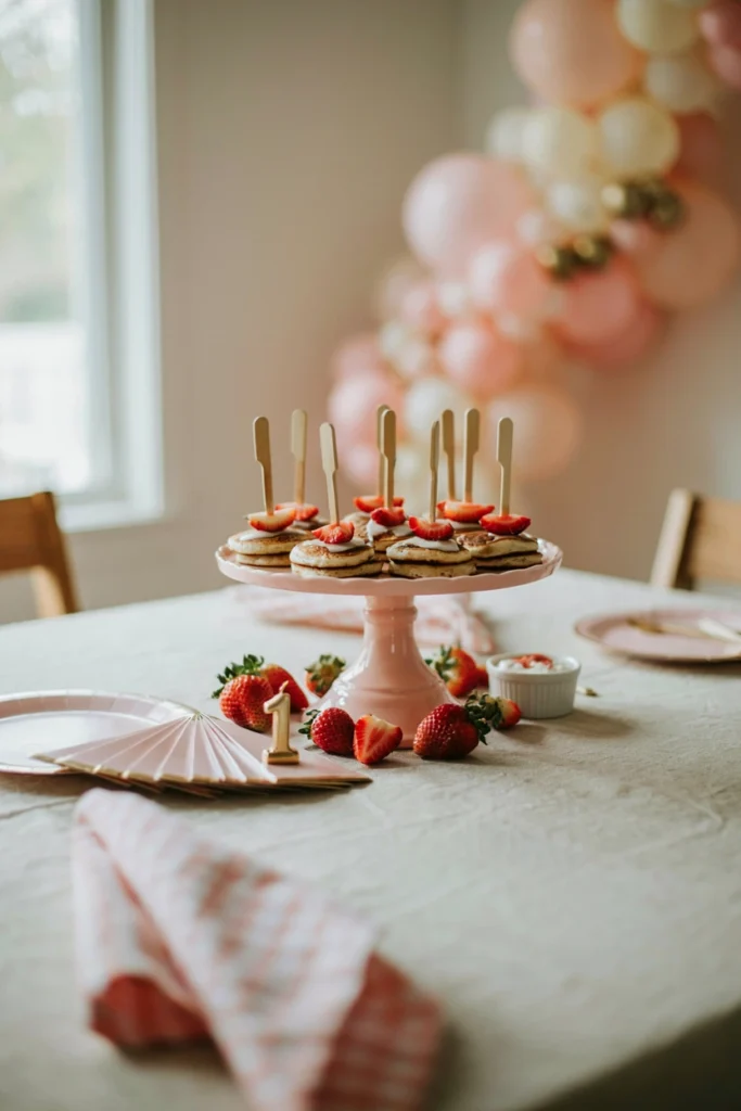 Mini pancake bites threaded onto skewers for a first birthday party