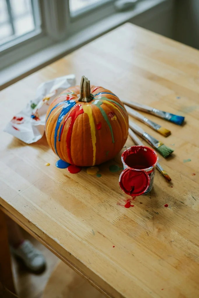 Pumpkin with purple, orange, and black paint dripping down the sides in a marbled effect
