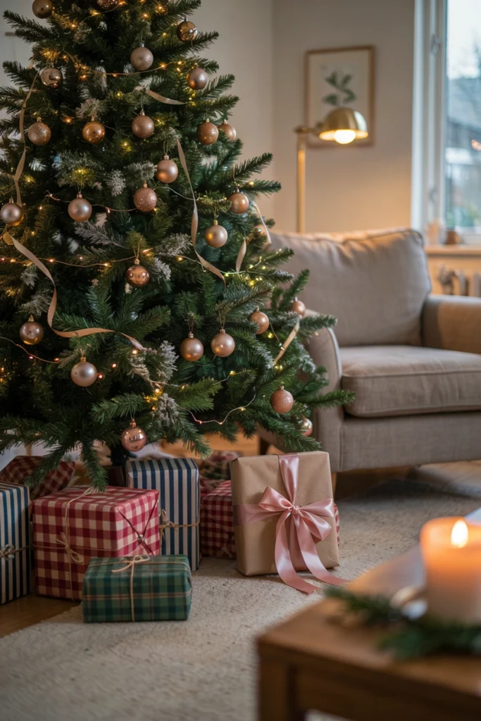Single gift wrapped in solid pink paper among plaid patterned presents under the tree