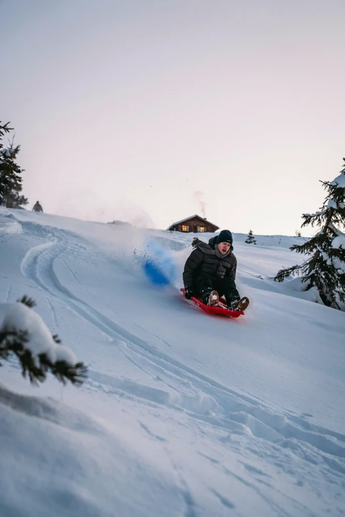 Person sledding down a snowy hill through a cloud of blue colored powder