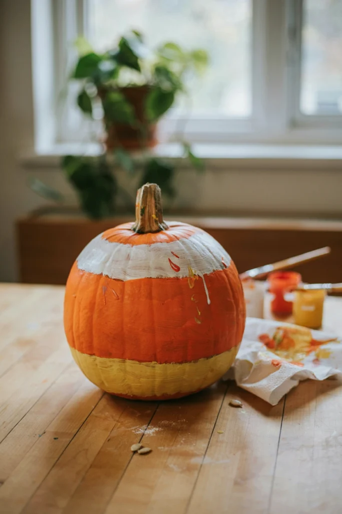 Pumpkin painted in white, orange, and yellow bands to look like candy corn