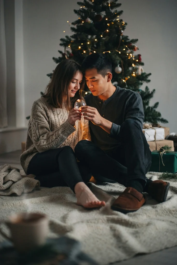 Couple sitting by a softly lit tree at night holding a single ornament