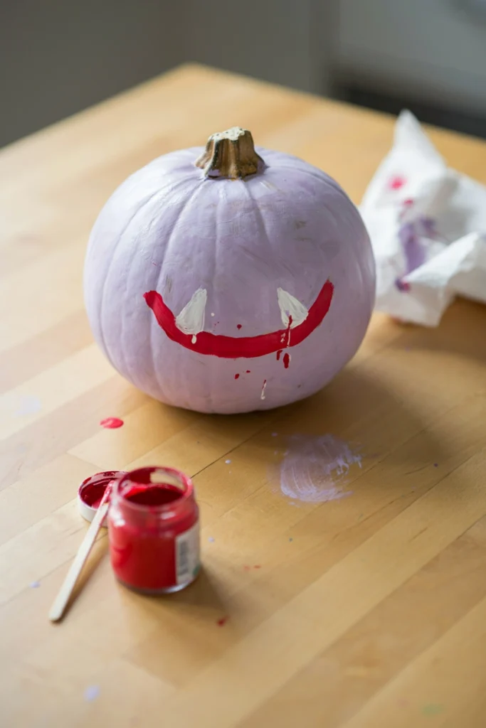 Pale purple pumpkin with a red painted mouth and white fangs