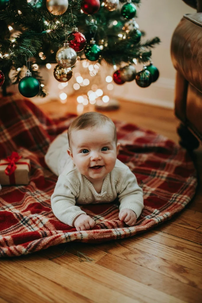 Baby lying on tree skirt at base of Christmas tree with blurred lights