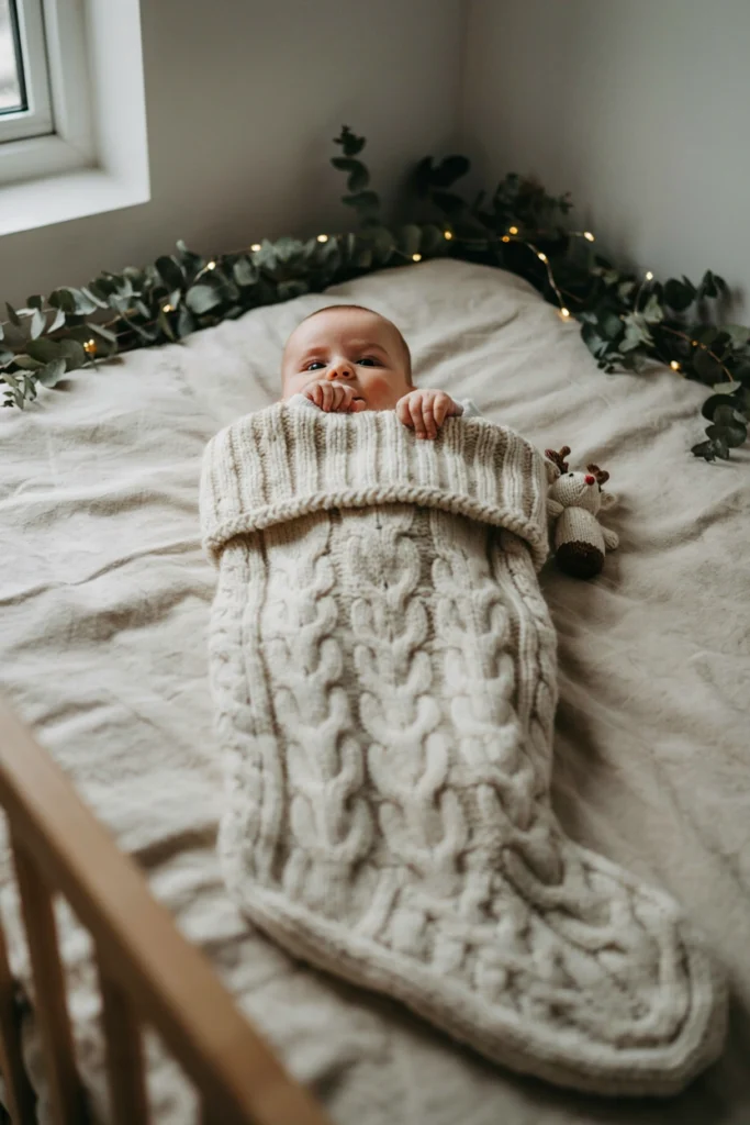 Baby tucked inside oversized Christmas stocking for photo