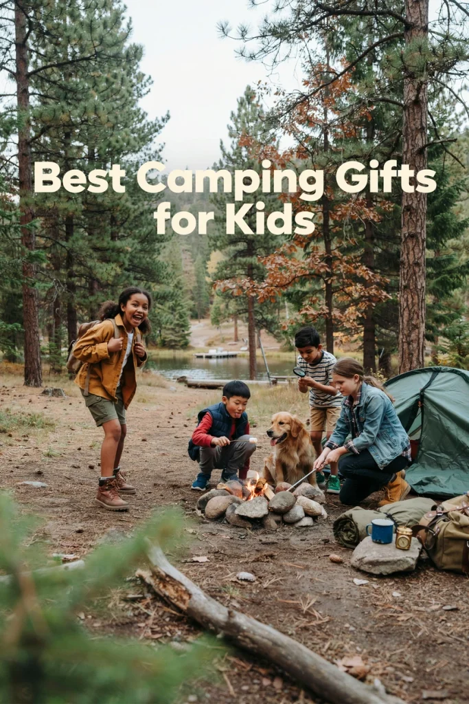 A diverse group of kids enjoying outdoor camping activities (hiking, campfire, tent setup, exploring nature) in natural daylight. Happy, adventure-focused mood. Optional text overlay: "Best Camping Gifts for Kids"