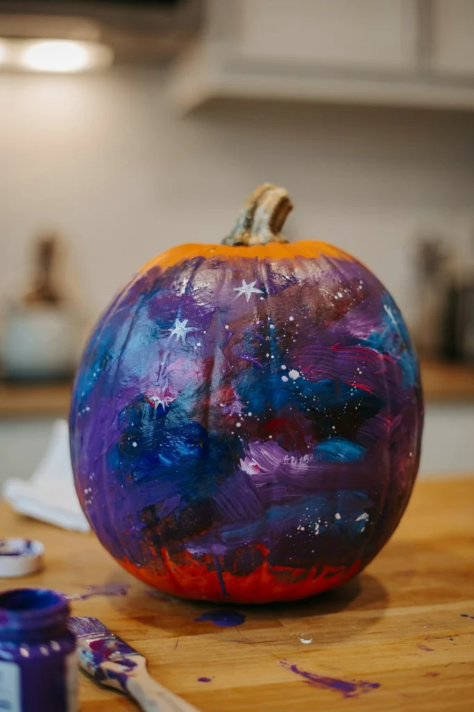 Pumpkin painted with swirling purple, blue, and black galaxy design with white star splatters