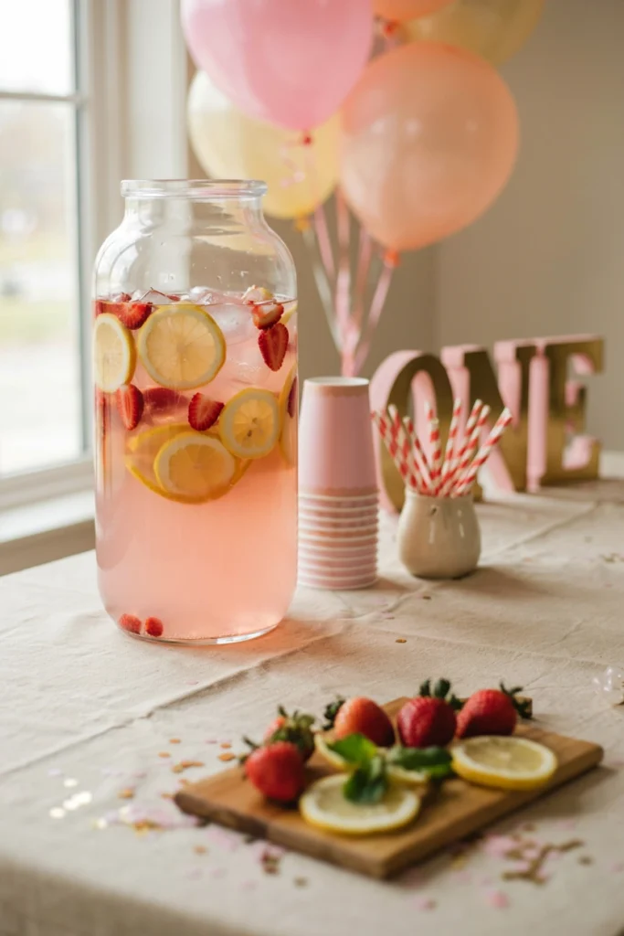 Pink lemonade drink dispenser with fruit garnish and straws