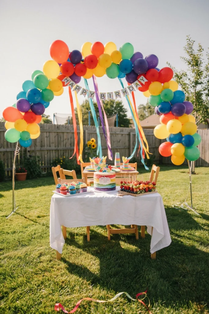 A backyard birthday party decorated in every color of the rainbow with balloons, banners, and tablecloths