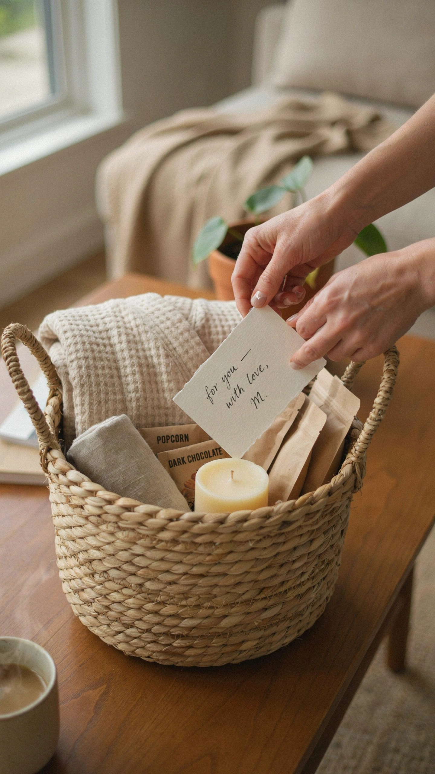 DIY hospital gift basket being assembled with a robe, snacks, and a handwritten card