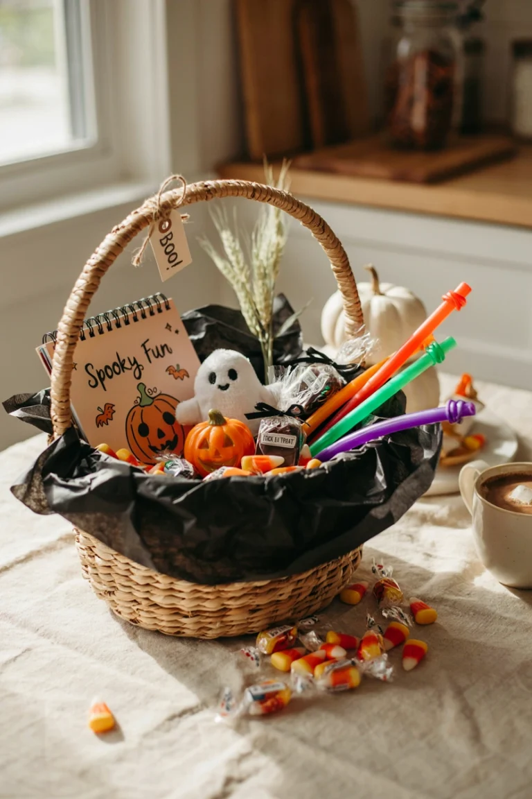 A cheerful, well-styled boo basket overflowing with a mix of small toys, a coloring book, glow sticks, and a few wrapped treats, set on a cozy kitchen table with soft fall lighting.