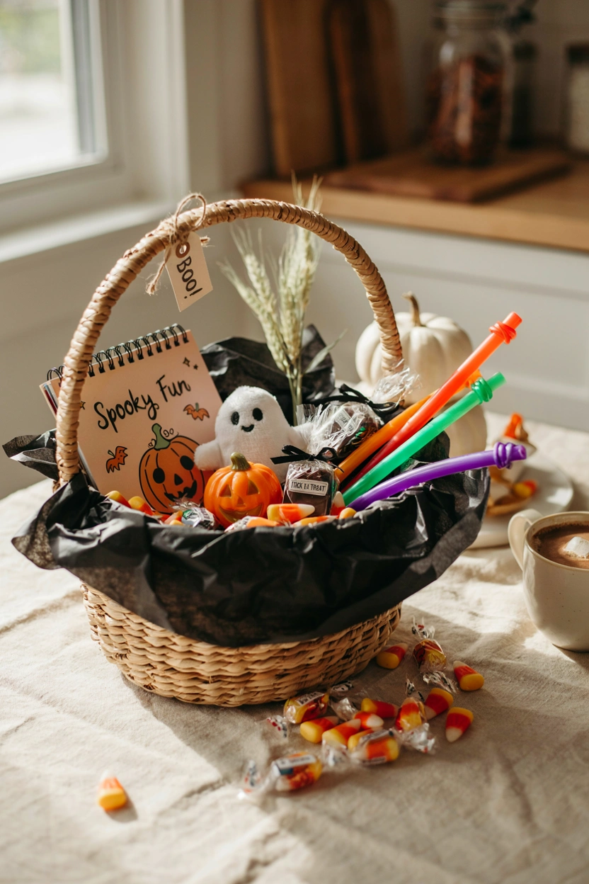 A cheerful, well-styled boo basket overflowing with a mix of small toys, a coloring book, glow sticks, and a few wrapped treats, set on a cozy kitchen table with soft fall lighting.