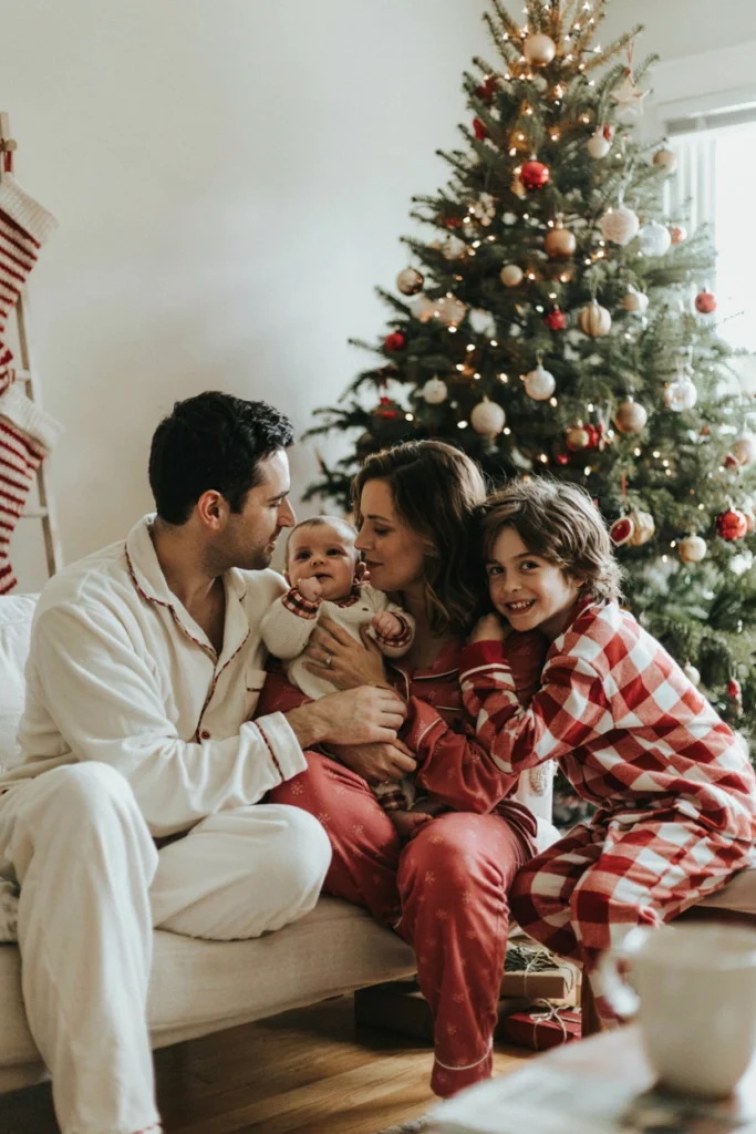 Whole family in matching plaid Christmas pajamas holding baby near the tree