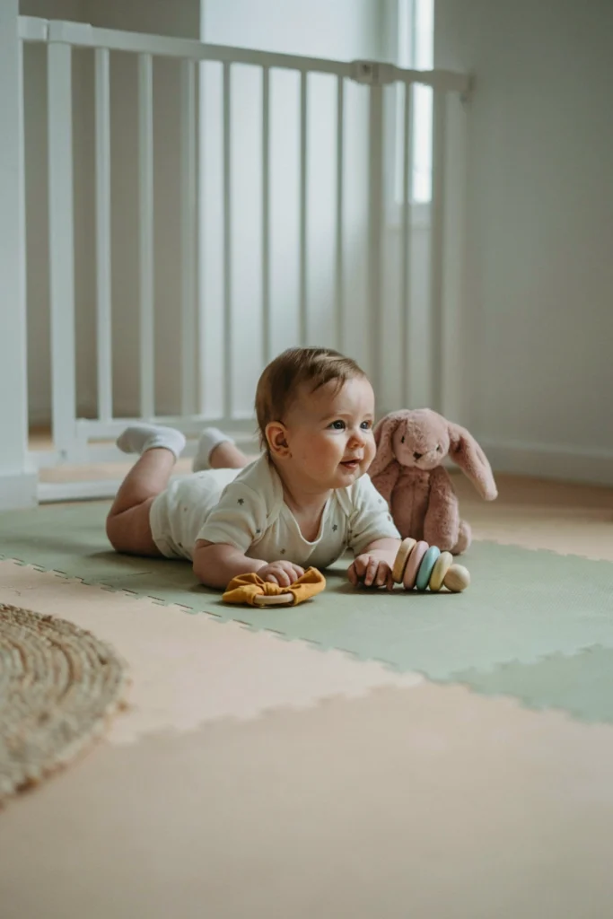 DIY baby play area at home set up in a living room corner with a soft mat and a few simple toys