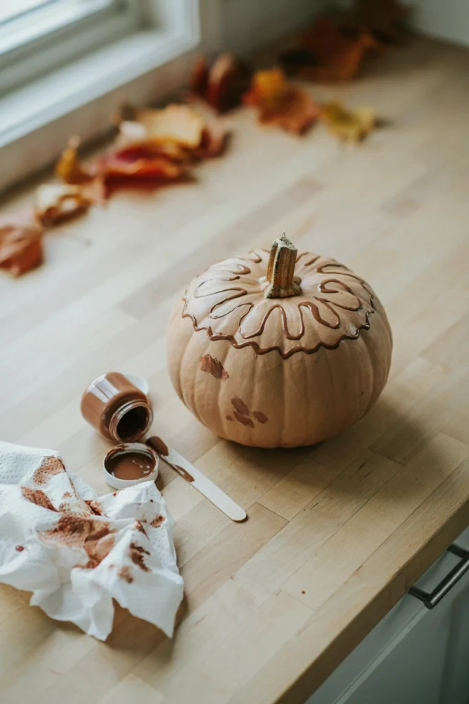 Tan pumpkin painted to resemble a pumpkin pie with a crimped crust edge