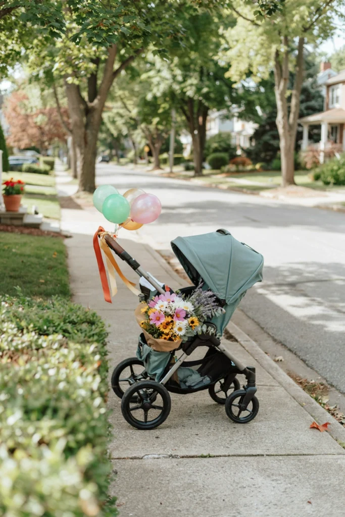 Stroller being pushed down a tree-lined sidewalk on birthday morning