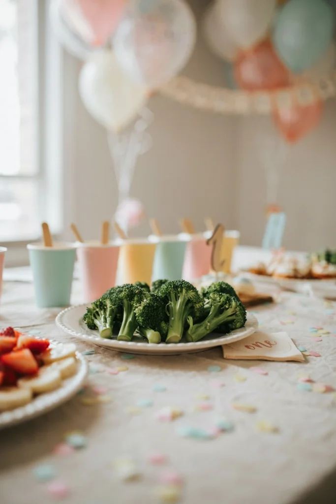 Steamed broccoli florets arranged like small trees for baby finger food