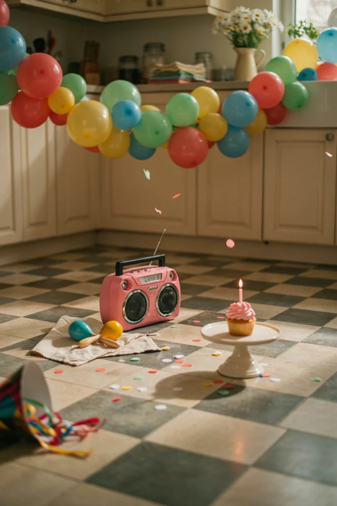 Parent and toddler dancing together in a sunlit living room on birthday morning