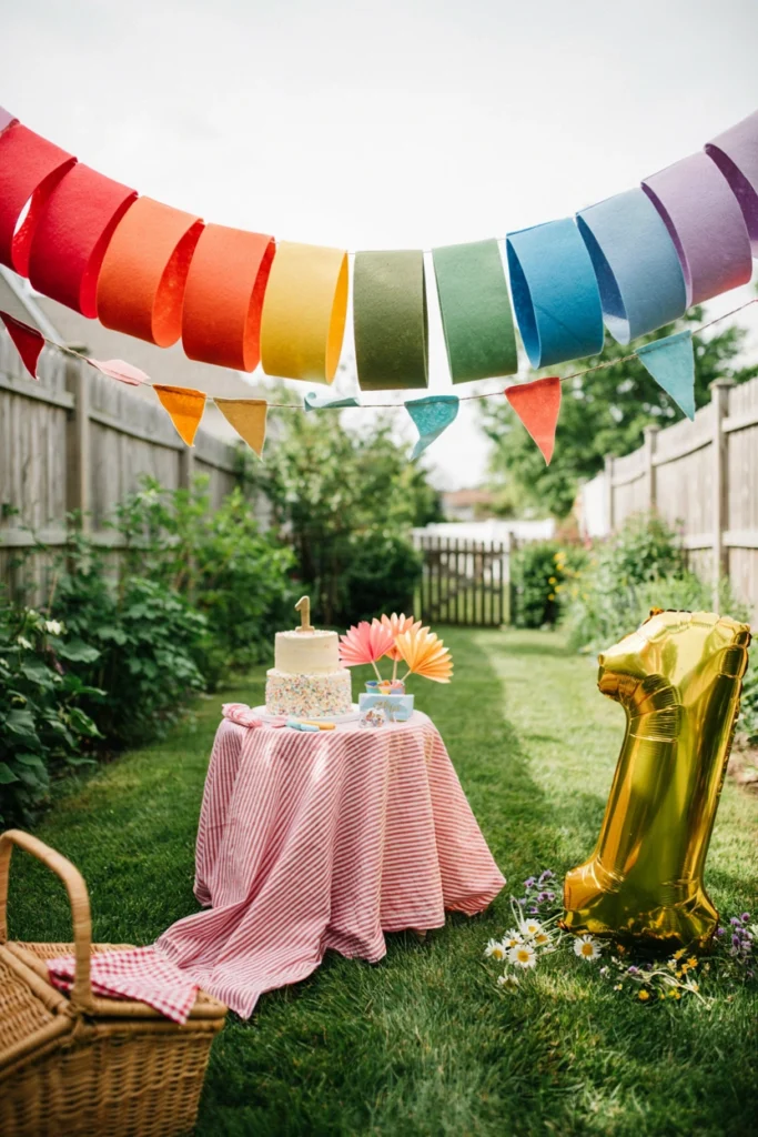 Reusable fabric bunting and a single number-one balloon styled in a backyard birthday setting