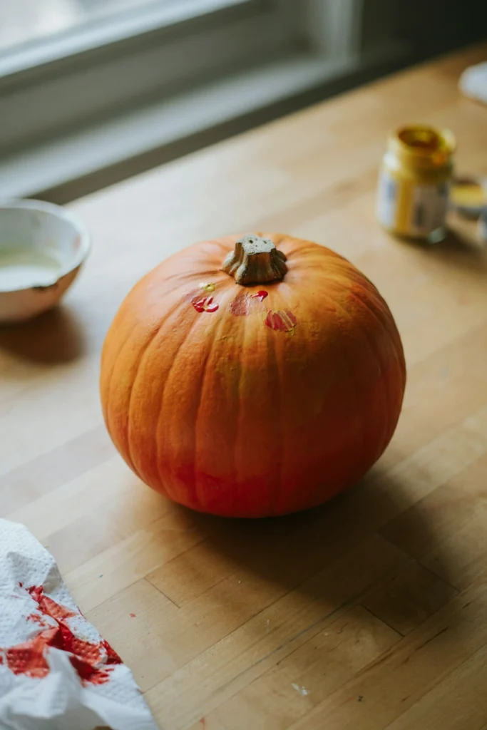 Black pumpkin with a bat design painted in glow-in-the-dark paint