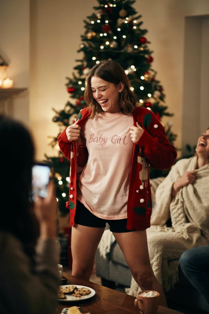 Person unzipping a Christmas sweater to reveal a pink Baby Girl t-shirt underneath