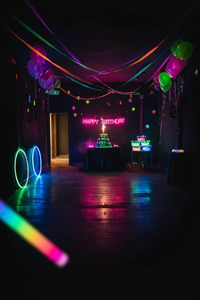 Kids wearing glow bracelets dancing under blacklight at a neon glow birthday party